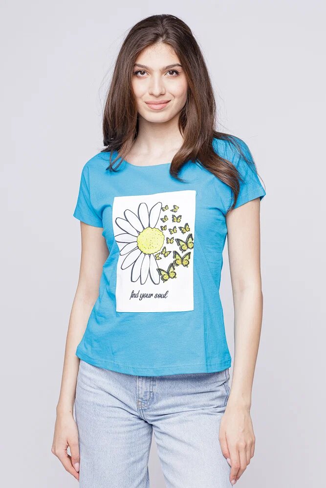 Pierino Tricou cambrat turcoaz din bumbac cu panou margareta Find your soul