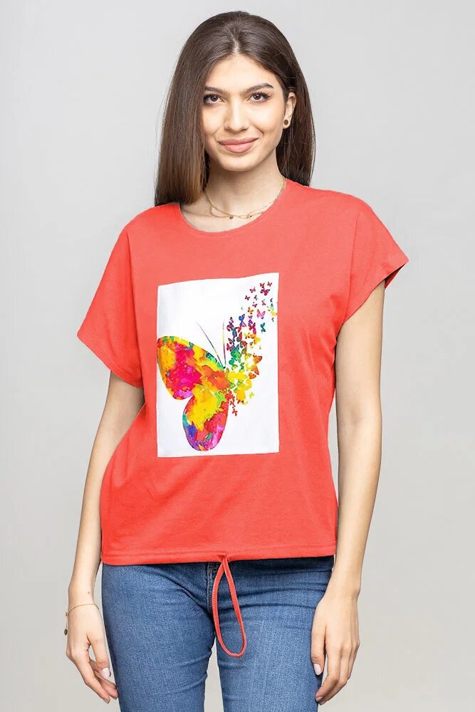 Pierino Tricou corai cu snur si panou fluture stilizat
