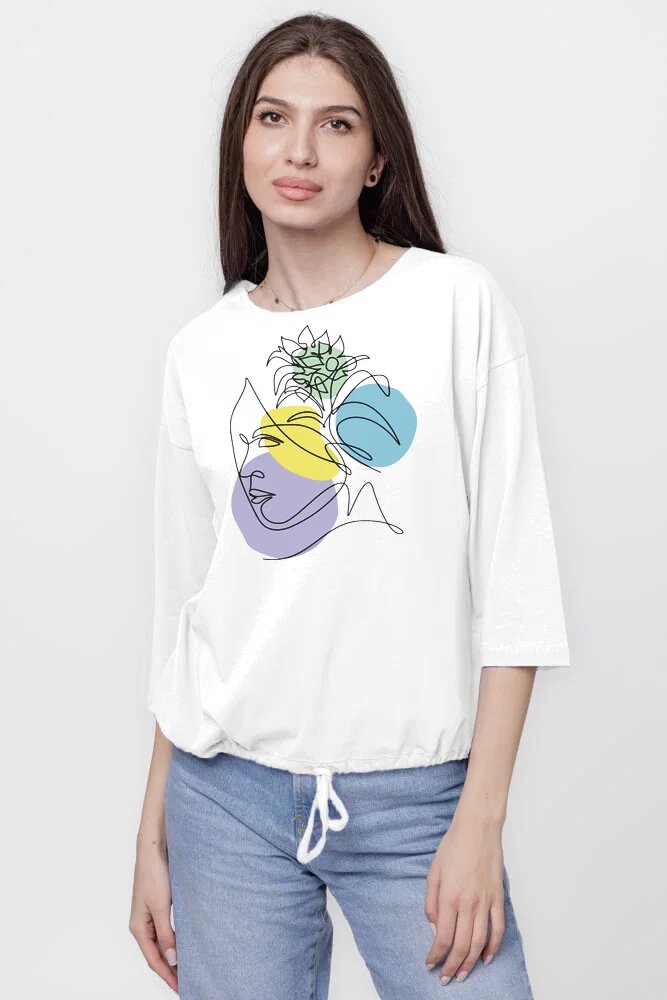 Pierino Tricou cu maneca 3 4 din tricot de bumbac cu snur la baza alba cu imprimeu chip stilizat