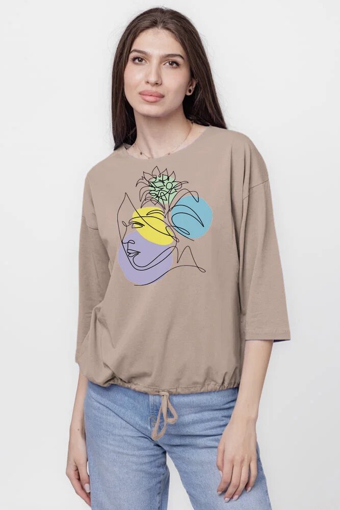 Pierino Tricou cu maneca 3 4 din tricot de bumbac cu snur la baza fango cu imprimeu chip stilizat