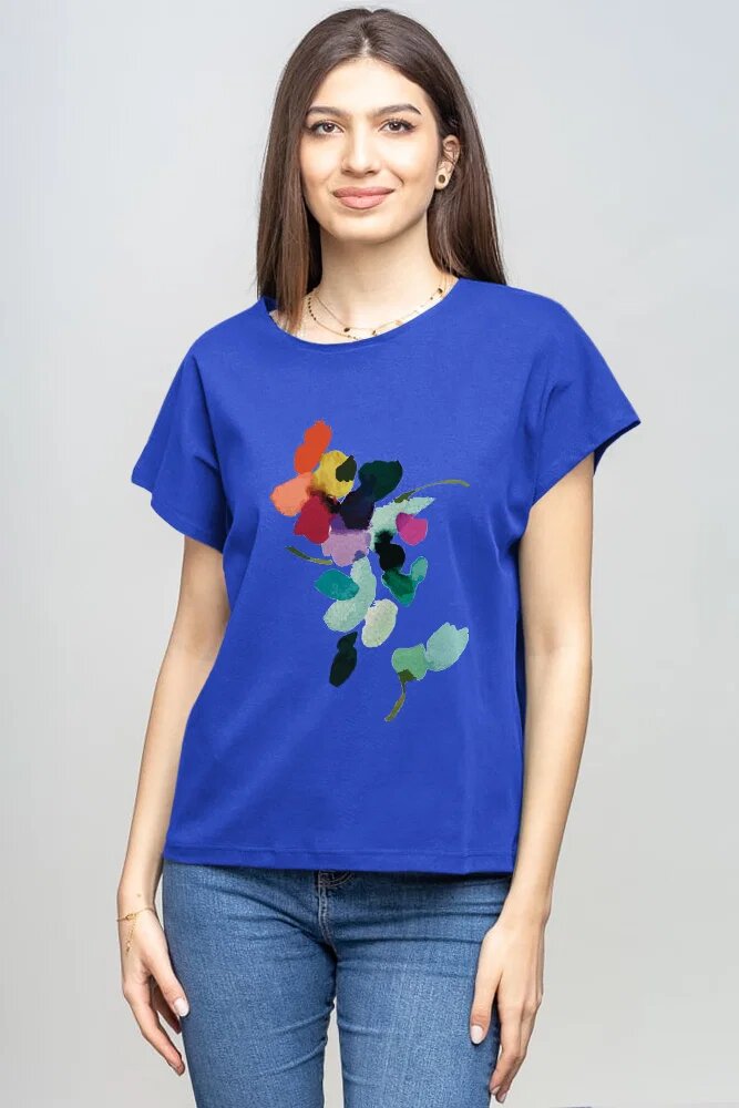 Pierino Tricou cu maneca cazuta din bumbac albastru cu imprimeu floare stilizata
