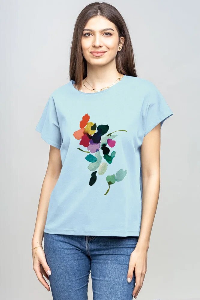 Pierino Tricou cu maneca cazuta din bumbac bleu cu imprimeu floare stilizata