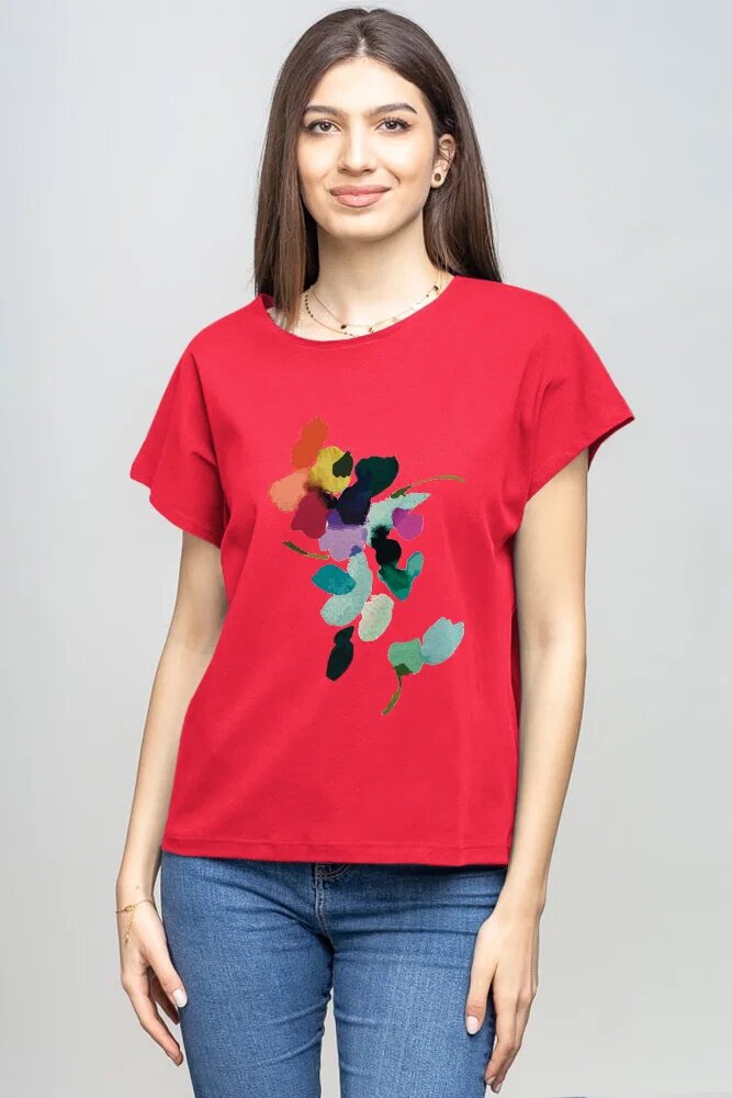 Pierino Tricou cu maneca cazuta din bumbac fucsia inchis cu imprimeu floare stilizata