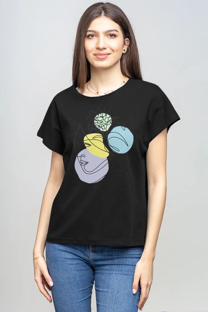 Pierino Tricou cu maneca cazuta din bumbac negru cu imprimeu chip stilizat