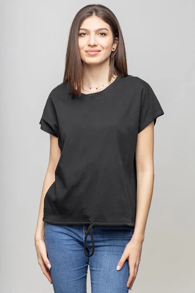 Pierino Tricou cu maneca cazuta din bumbac negru cu snur la baza