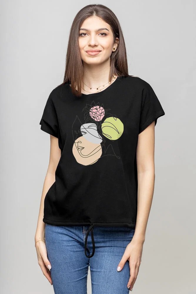 Pierino Tricou cu maneca cazuta din bumbac negru cu snur la baza