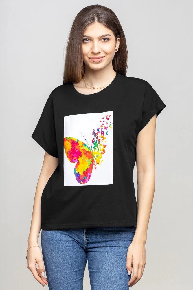 Pierino Tricou cu maneca cazuta din bumbac negru si panou fluture stilizat