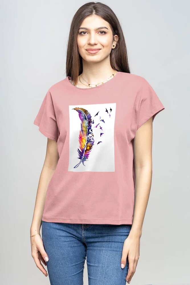 Pierino Tricou cu maneca cazuta din bumbac roz prafuit cu aplicatie pana stilizata