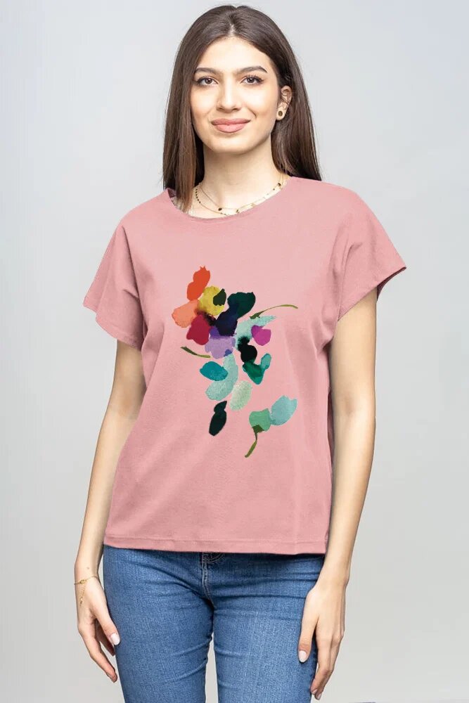 Pierino Tricou cu maneca cazuta din bumbac roz prafuit cu imprimeu floare stilizata