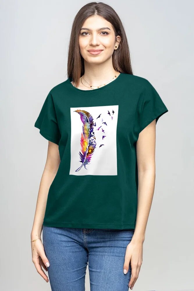 Pierino Tricou cu maneca cazuta din bumbac turcoaz inchis cu aplicatie pana stilizata