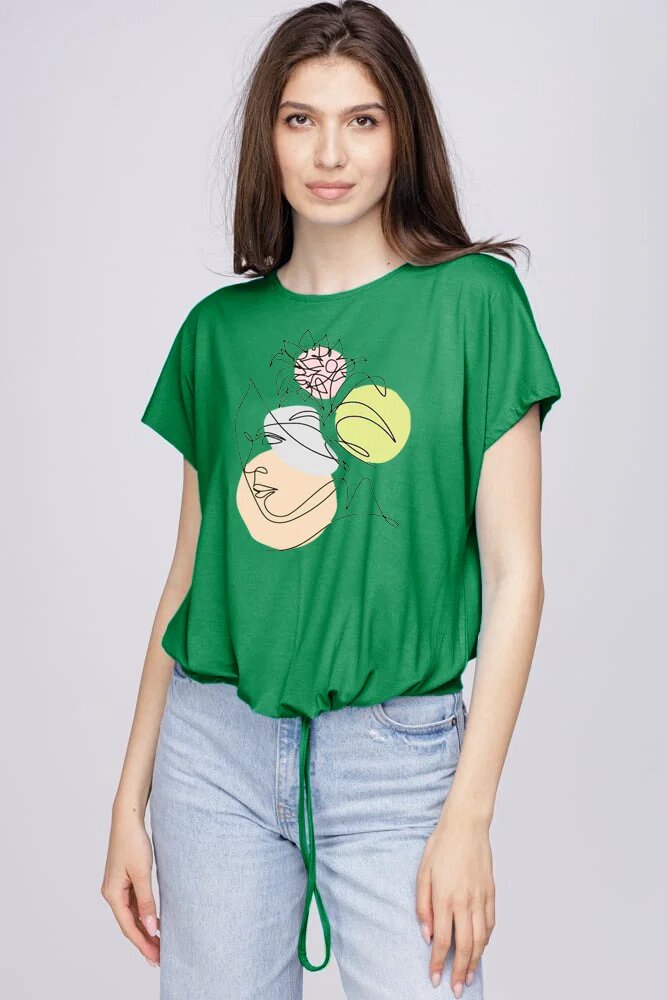 Pierino Tricou din vascoza cu snur la poale si imprimeu chip verde