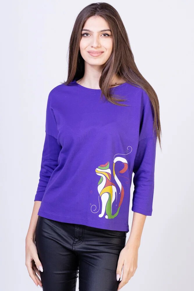Pierino Tricou mov cu imprimeu pisica colorata