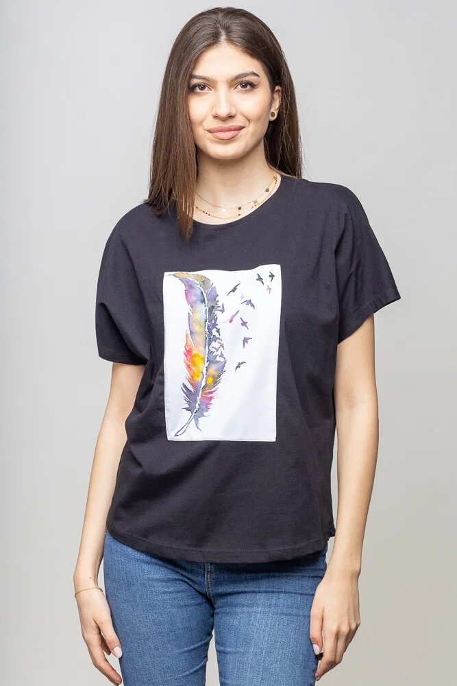Pierino Tricou negru cu panou central pana stilizata