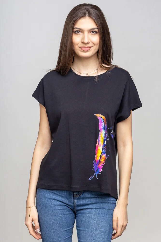 Pierino Tricou negru cu panou lateral pana stilizata
