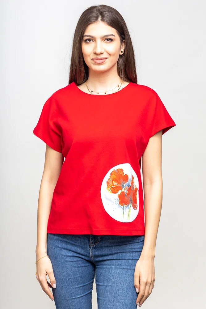 Pierino Tricou rosu cu panou lateral maci rosii picturali