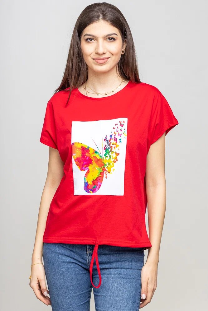 Pierino Tricou rosu cu snur si panou fluture stilizat