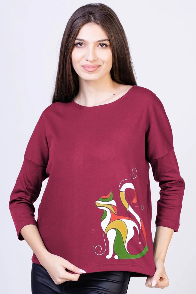 Pierino Tricou roz inchis cu imprimeu pisica colorata