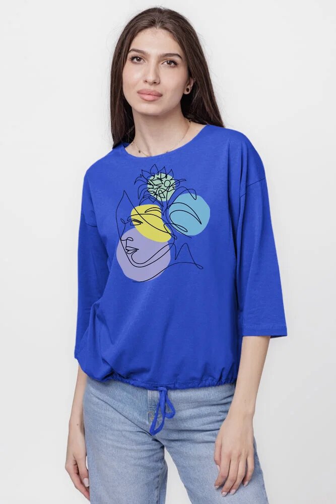 Pierino Tricou uni cu maneca 3 4 din tricot de bumbac cu snur la baza albastru cu imprimeu chip stilizat