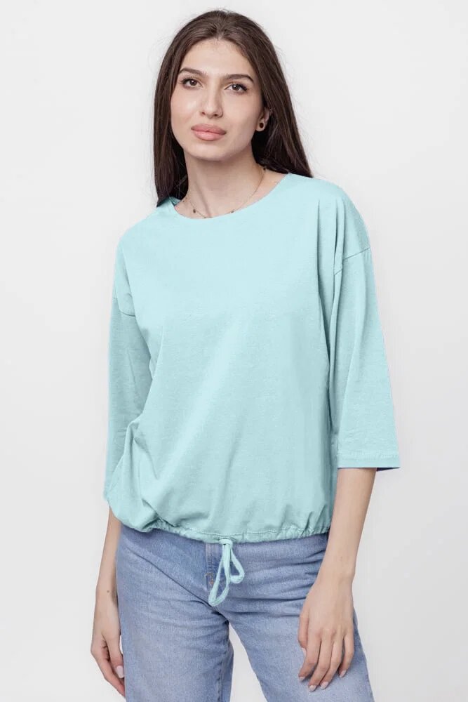 Pierino Tricou uni cu maneca 3 4 din tricot de bumbac cu snur la baza bleu ciel