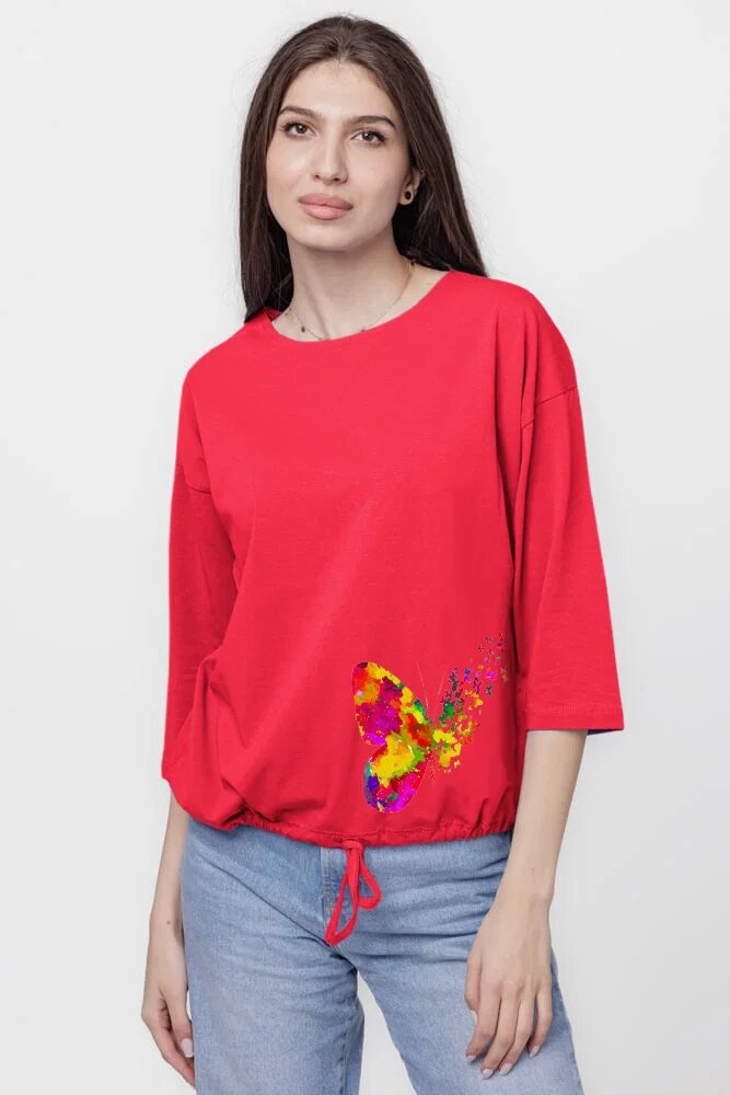 Pierino Tricou uni cu maneca 3 4 din tricot de bumbac cu snur la baza fucsia inchis cu imprimeu fluturi