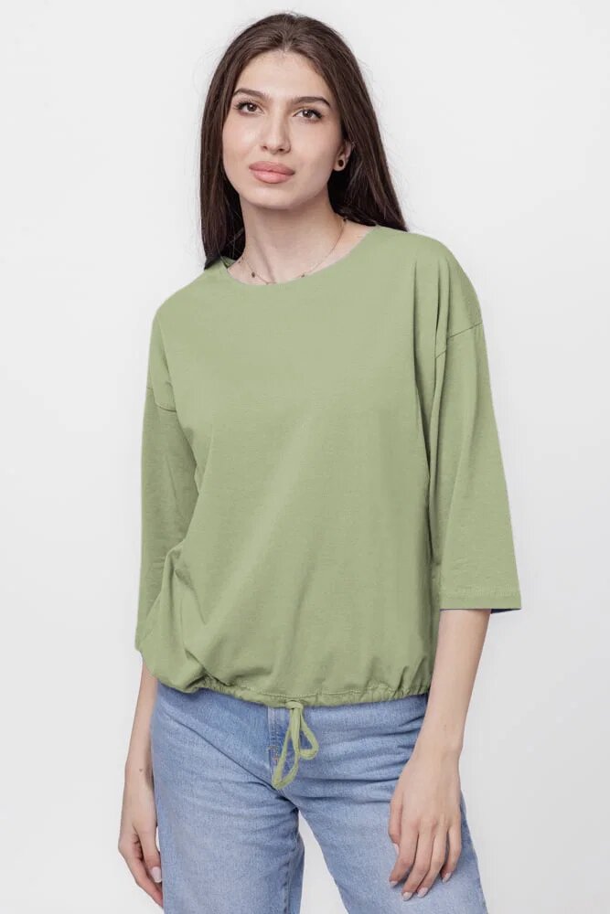Pierino Tricou uni cu maneca 3 4 din tricot de bumbac cu snur la baza kaki deschis