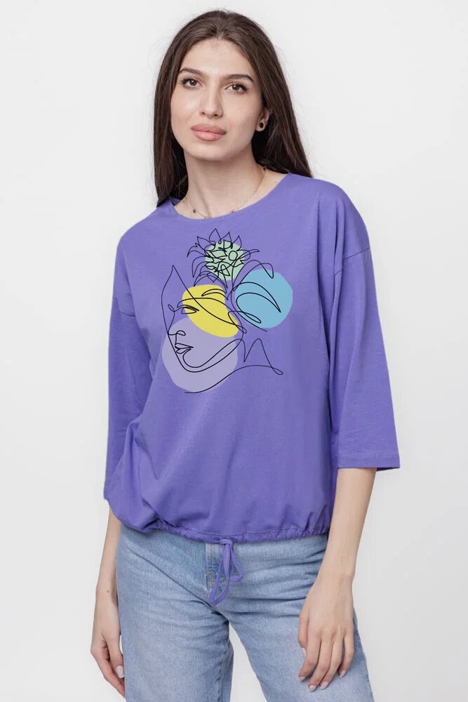 Pierino Tricou uni cu maneca 3 4 din tricot de bumbac cu snur la baza mov lavanda cu imprimeu chip stilizat