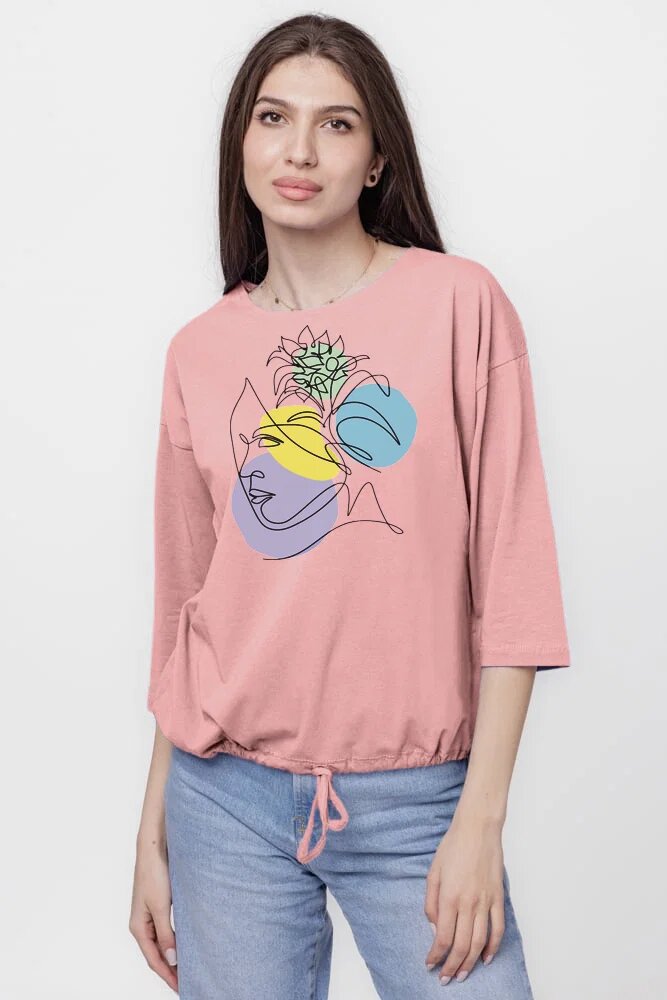 Pierino Tricou uni cu maneca 3 4 din tricot de bumbac cu snur la baza roz prafuit cu imprimeu chip stilizat