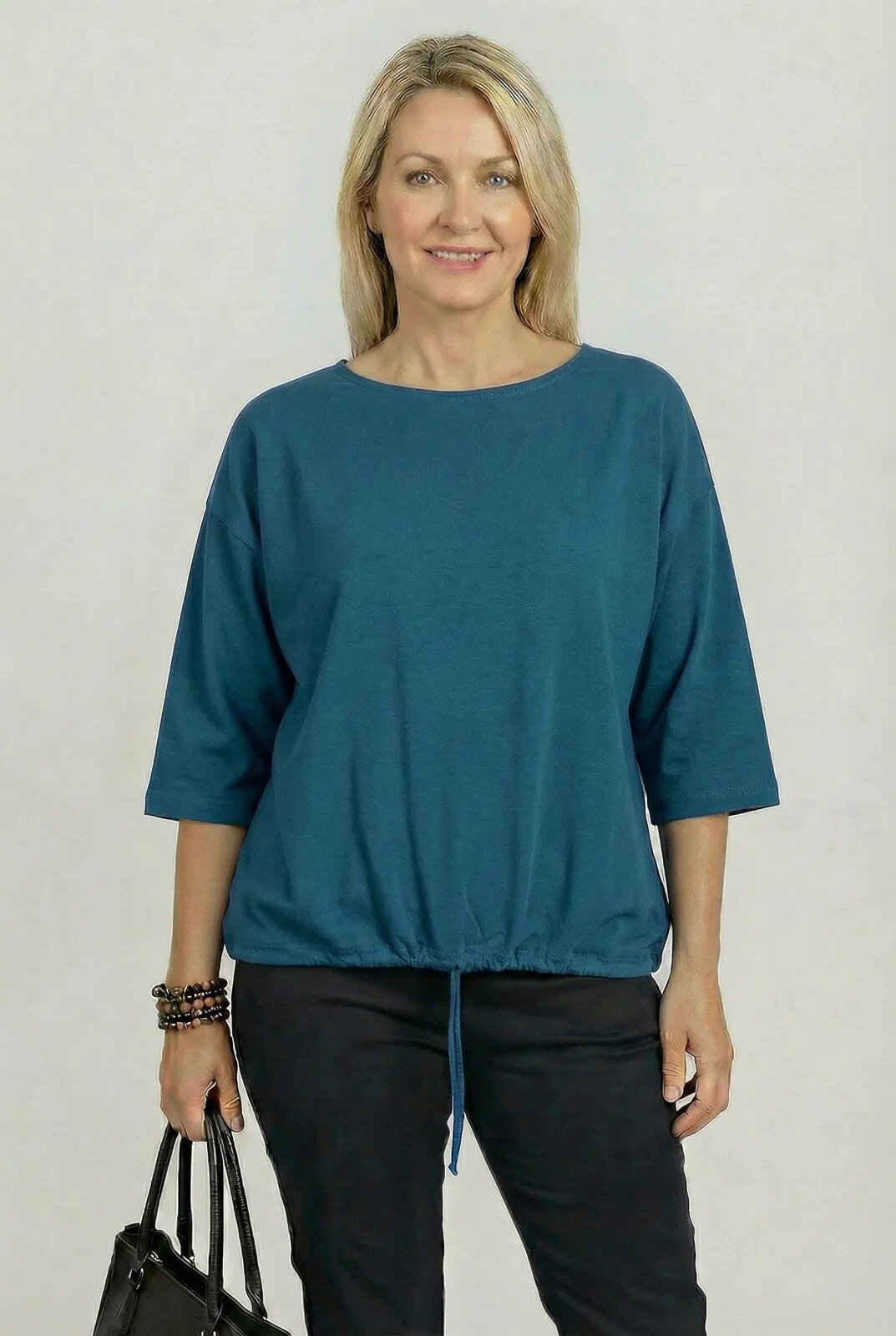 Pierino Tricou uni cu maneca 3 4 din tricot de bumbac cu snur la baza turcoaz inchis