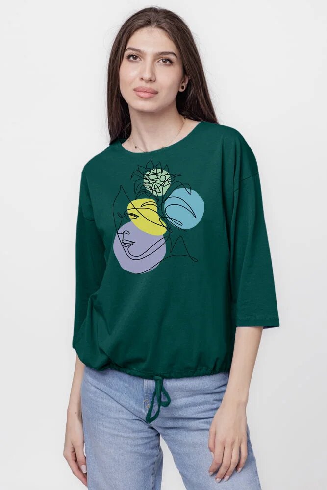 Pierino Tricou uni cu maneca 3 4 din tricot de bumbac cu snur la baza turcoaz inchis cu imprimeu chip stili