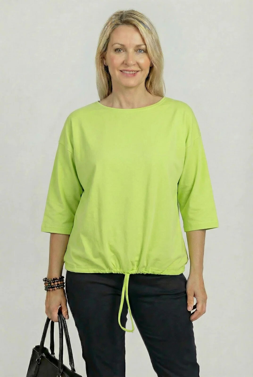 Pierino Tricou uni cu maneca 3 4 din tricot de bumbac cu snur la baza verde lime
