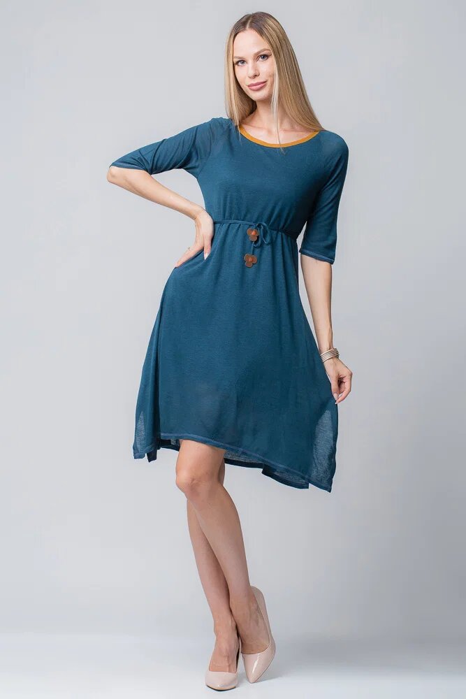Plissado Rochie albastra din jerse cu floricele din piele pe cordon
