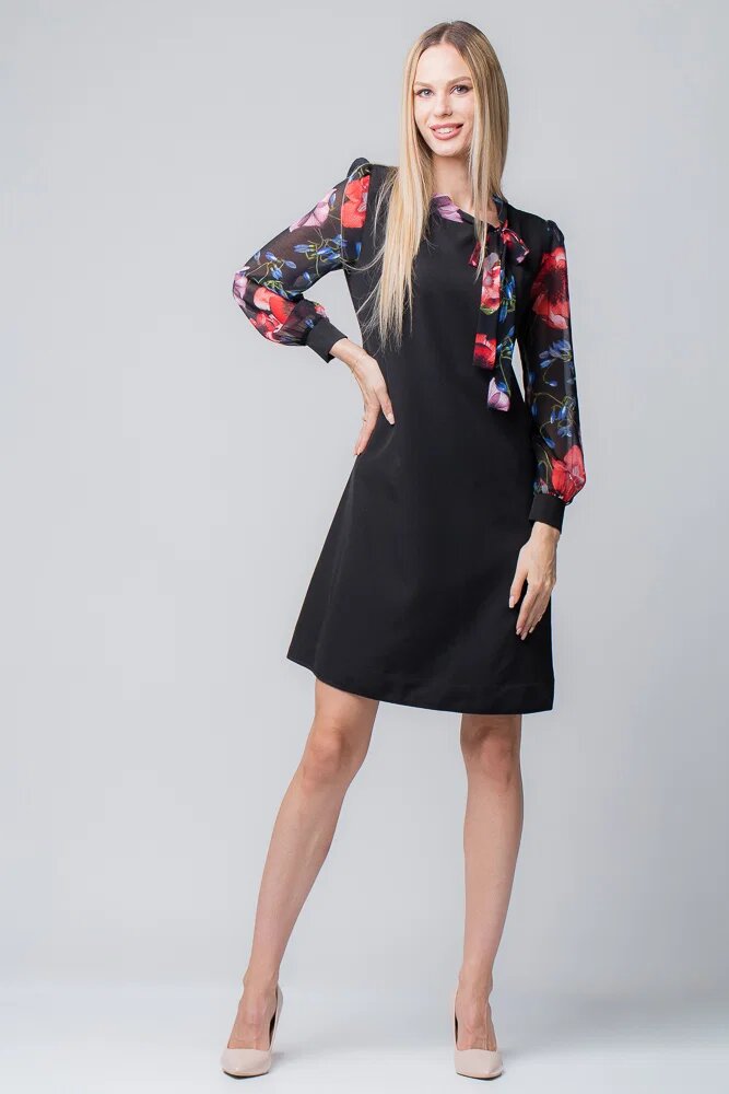 Plissado Rochie eleganta neagra midi cu maneci si guleras din voal inflorat