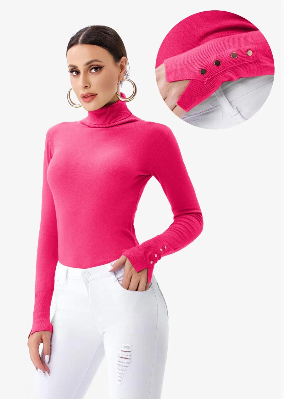 Porta Fortuna Helanca pulover cu guler inalt si nasturei pe maneca fucsia