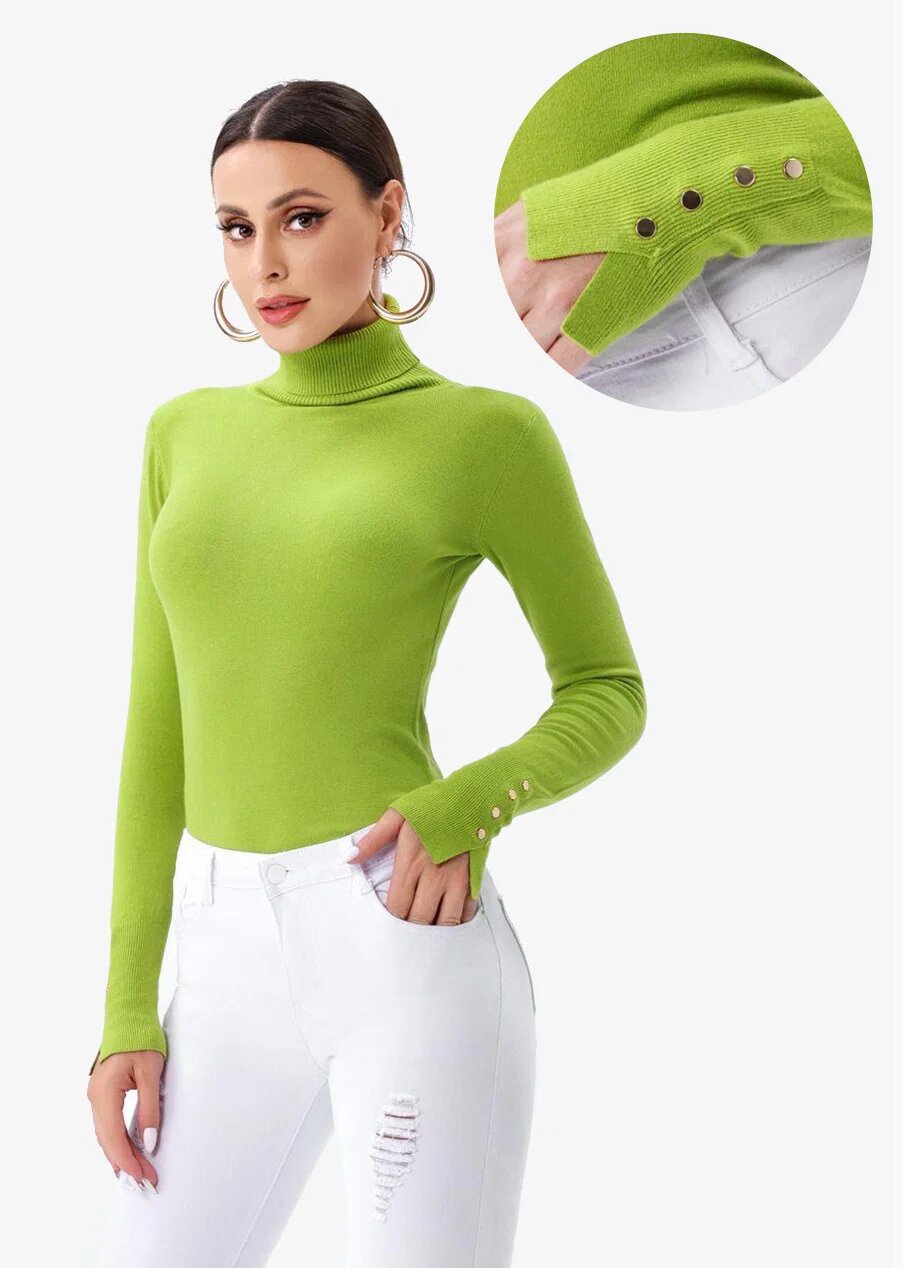 Porta Fortuna Helanca pulover cu guler inalt si nasturei pe maneca verde oliv