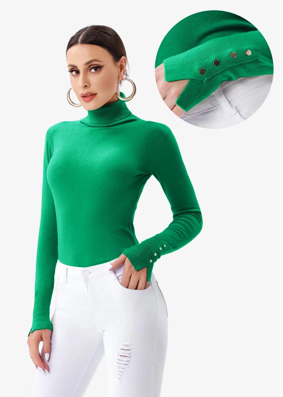 Porta Fortuna Helanca pulover cu guler inalt si nasturei pe maneca verde smarald