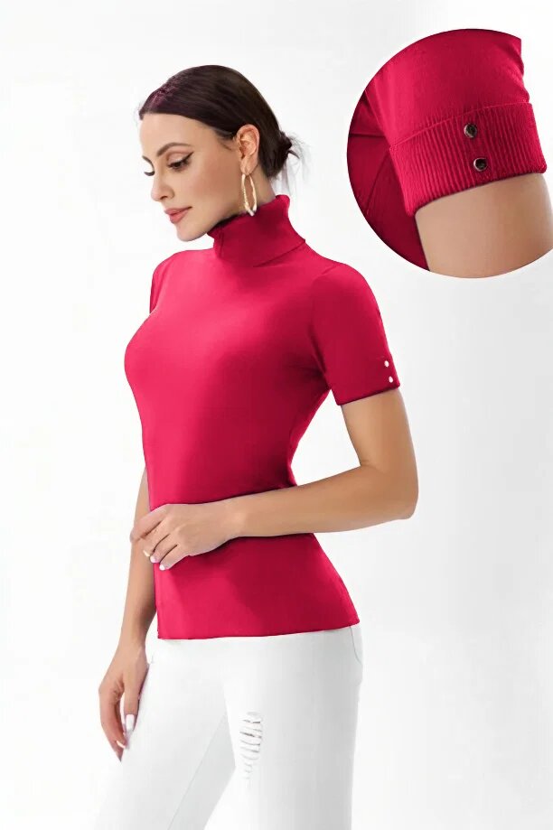 Porta Fortuna Helanca pulover cu maneca scurta nasturei metalici si guler inalt fucsia