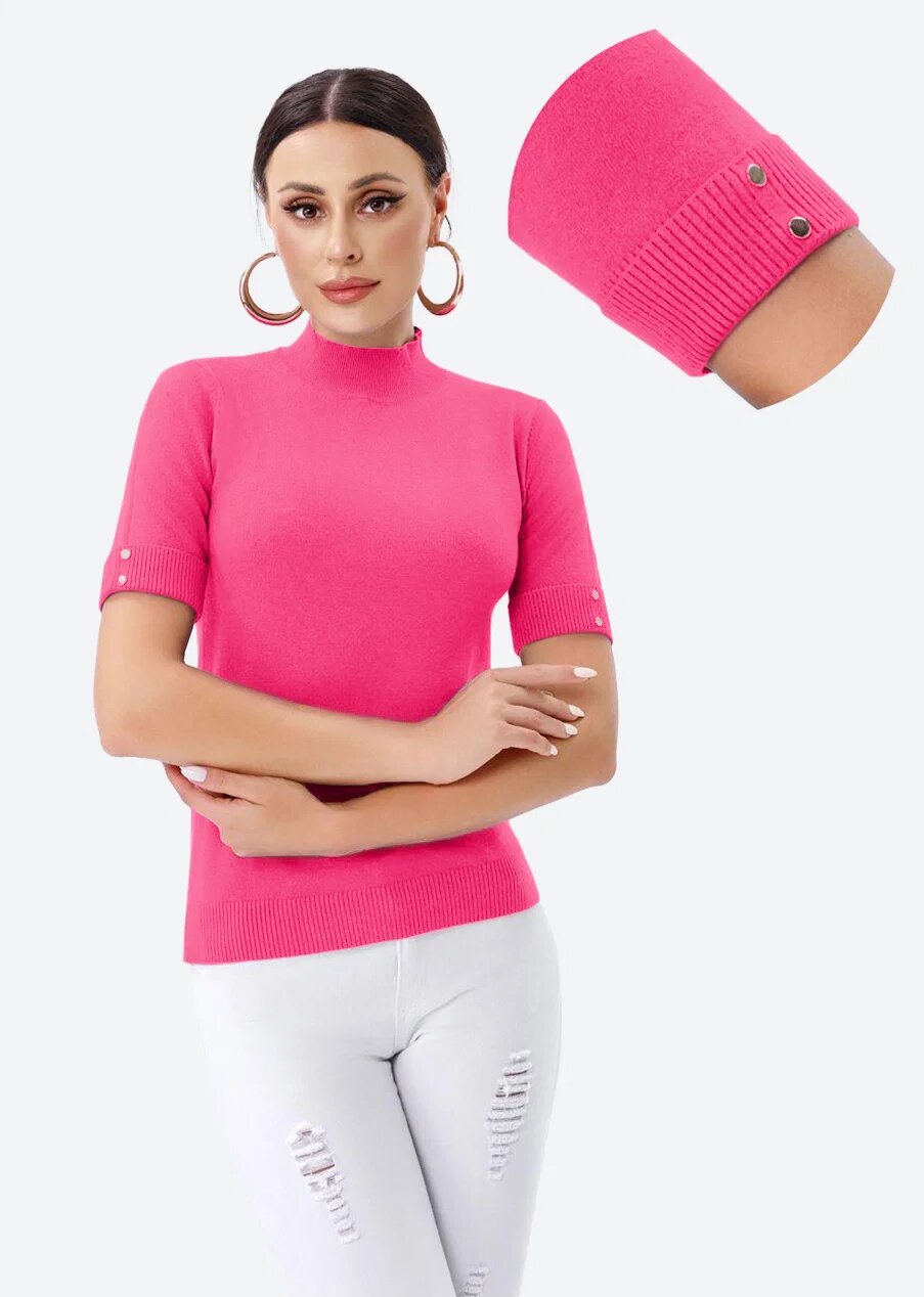 Porta Fortuna Helanca pulover cu maneca scurta nasturei metalici si guler scurt fucsia