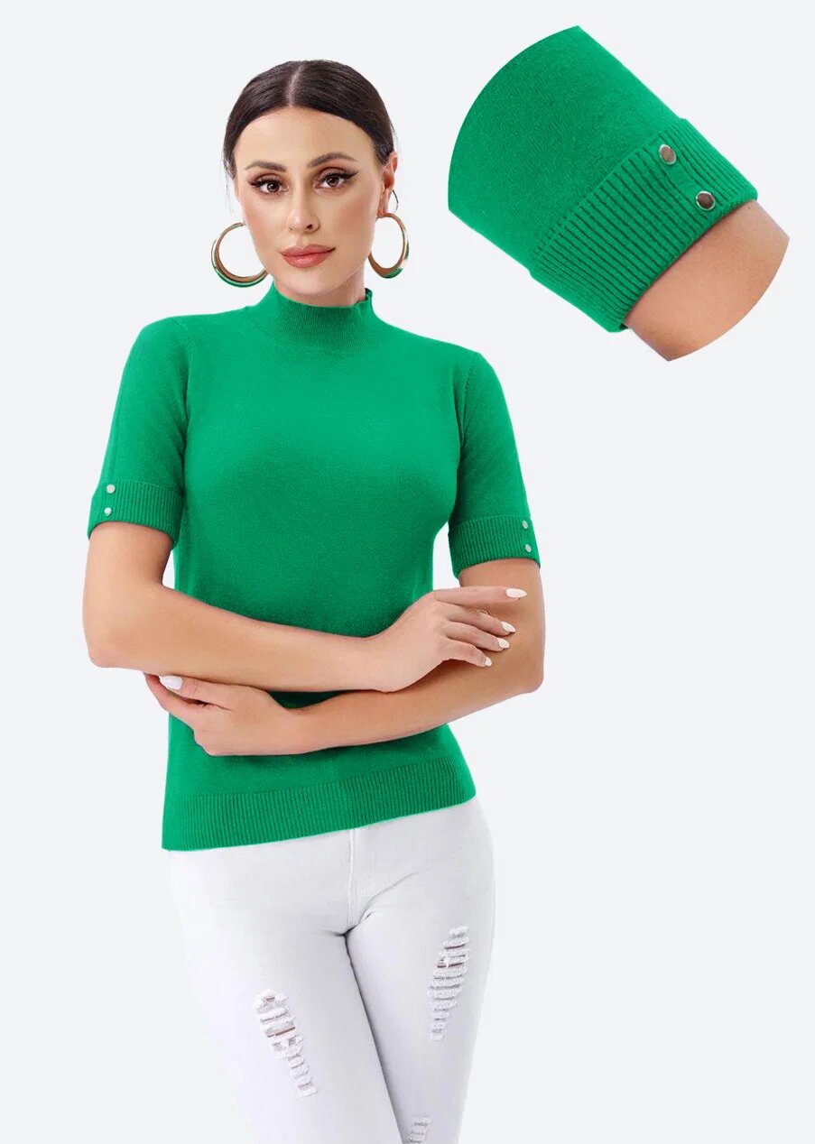Porta Fortuna Helanca pulover cu maneca scurta nasturei metalici si guler scurt verde