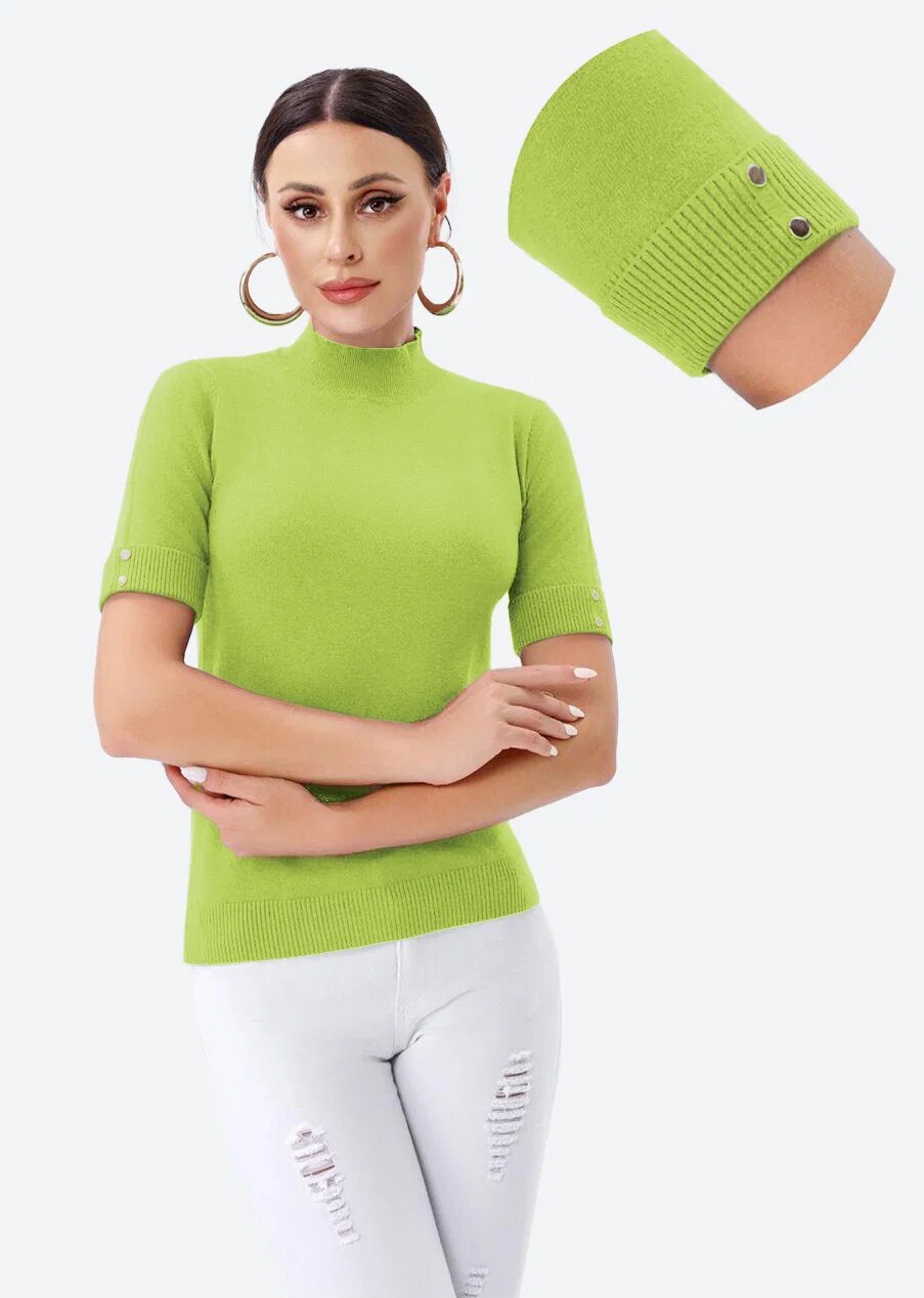 Porta Fortuna Helanca pulover cu maneca scurta nasturei metalici si guler scurt verde oliv