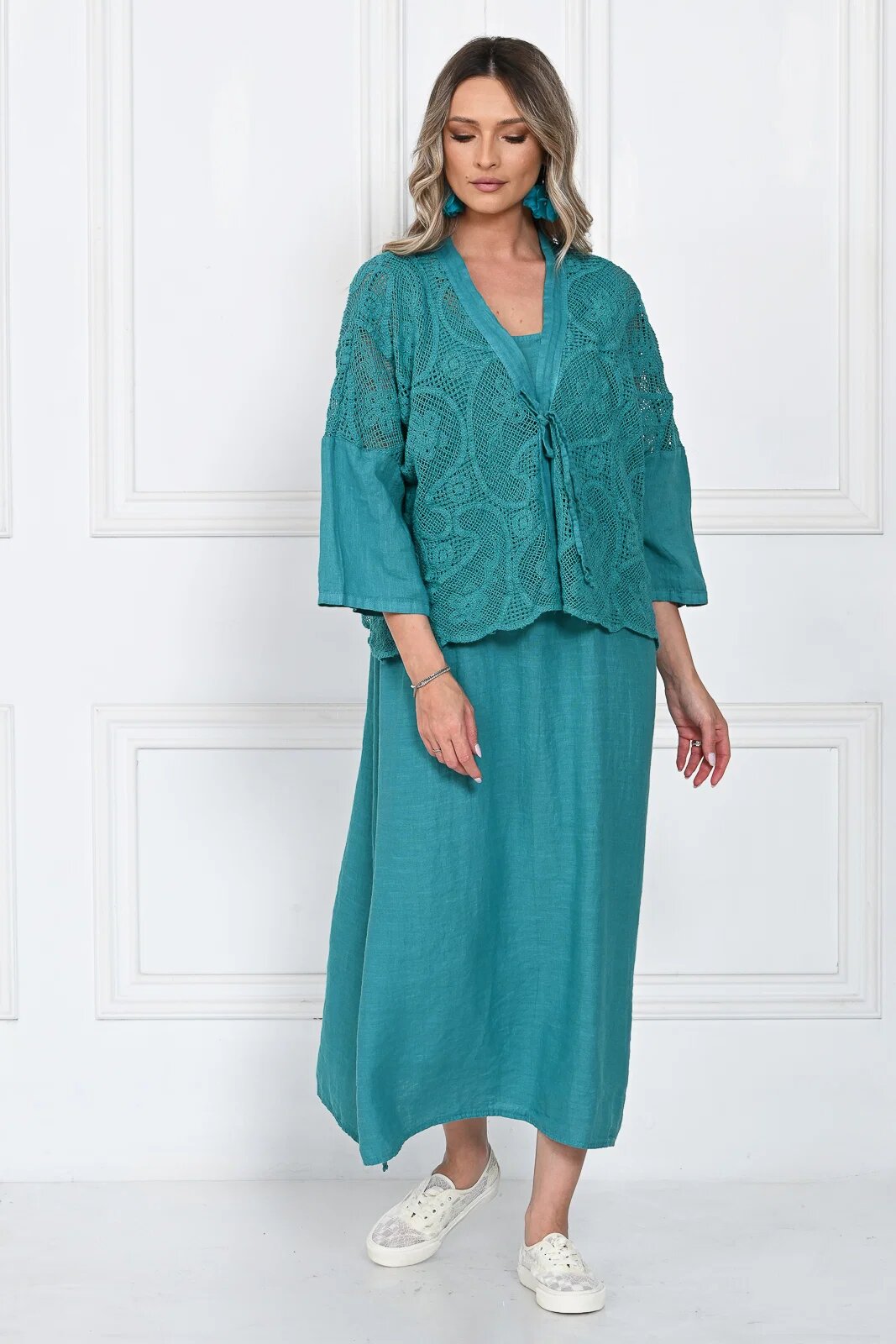Rosa 99 Compleu rochie lunga din in cu blazer dantelat si croi lejer boem elegant turcoaz