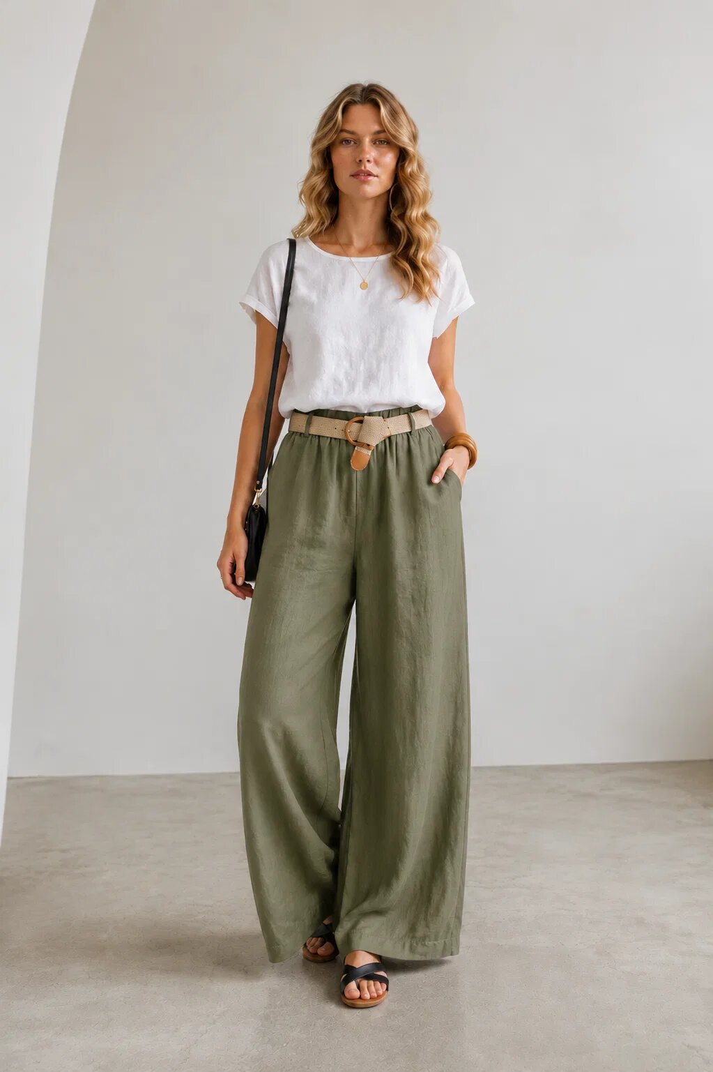 Rosa 99 Pantaloni dama lejeri din in cu talie elastica si curea kaki