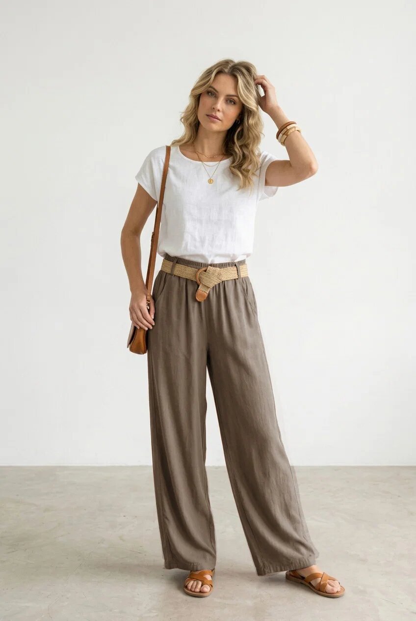 Rosa 99 Pantaloni dama lejeri din tencel cu talie elastica si curea bej inchis
