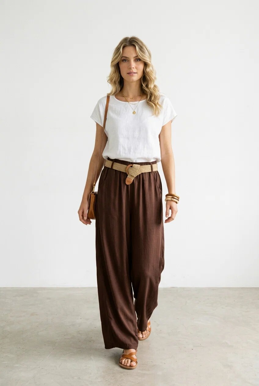 Rosa 99 Pantaloni dama lejeri din tencel cu talie elastica si curea maro