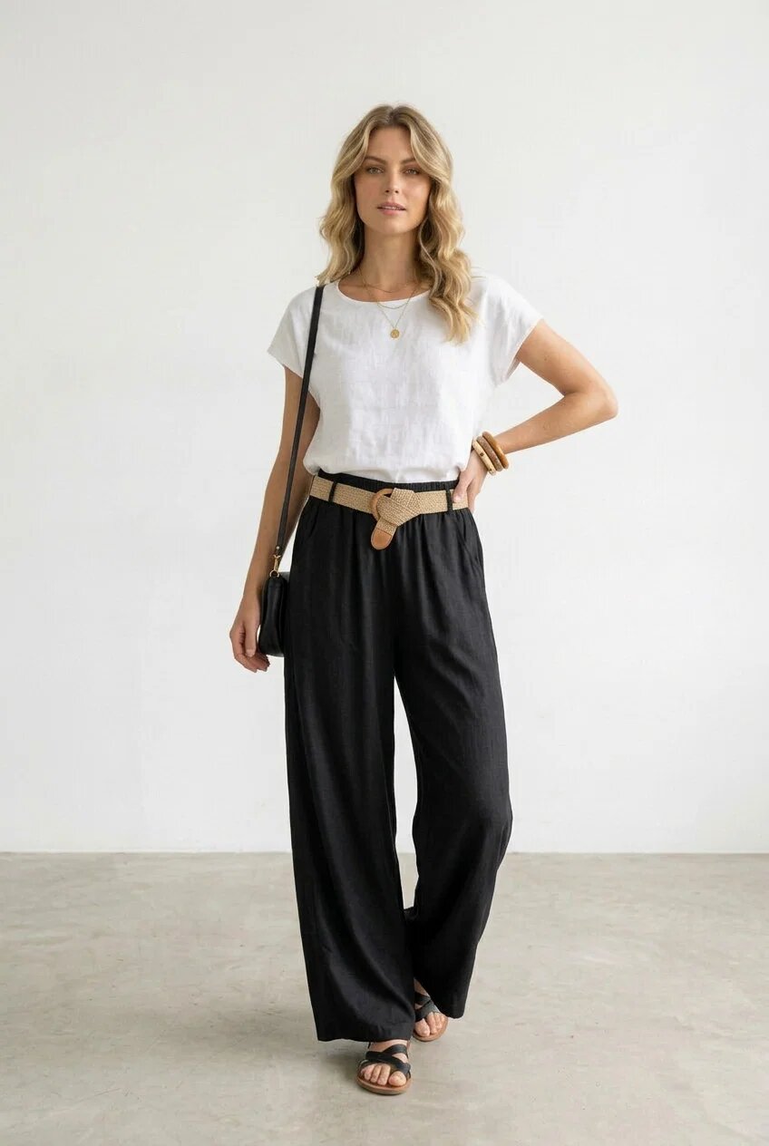Rosa 99 Pantaloni dama lejeri din tencel cu talie elastica si curea negri