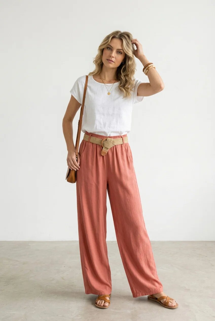 Rosa 99 Pantaloni dama lejeri din tencel cu talie elastica si curea roz inchis