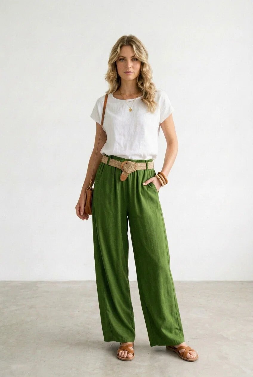 Rosa 99 Pantaloni dama lejeri din tencel cu talie elastica si curea verde olive