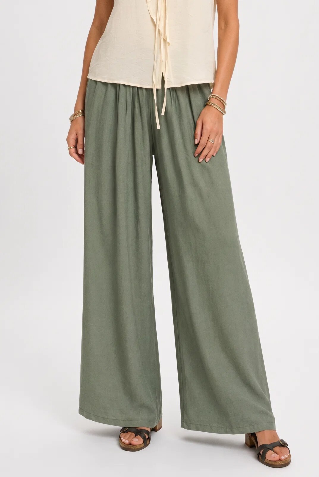 Rosa 99 Pantaloni dama palazzo din vascoza cu talie elastica si curea kaki