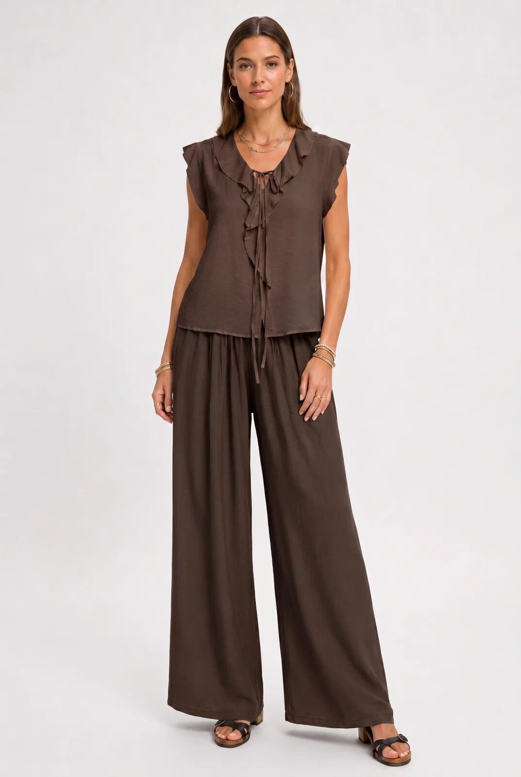 Rosa 99 Pantaloni dama palazzo din vascoza cu talie elastica si curea maro