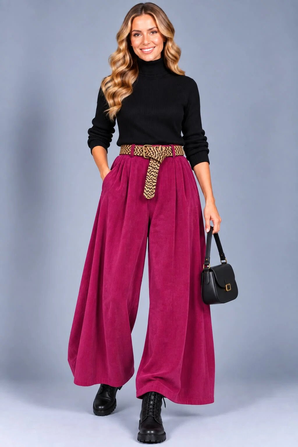 Rosa 99 Pantaloni palazzo din catifea reiata de bumbac cu pliuri ample si curea inclusa magenta