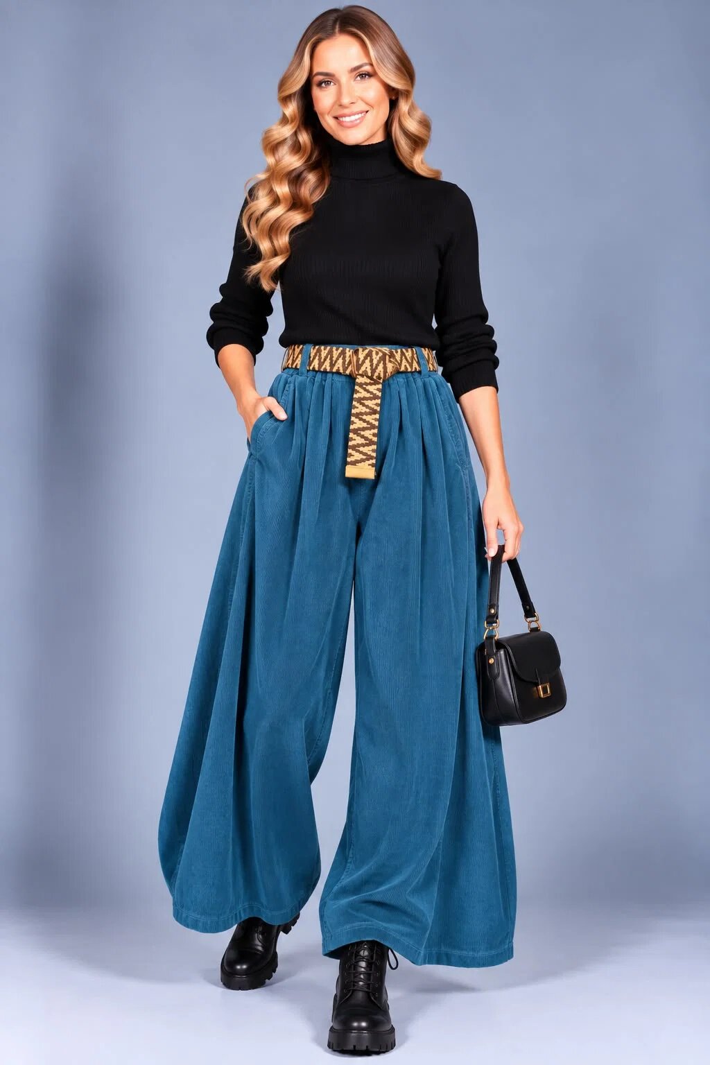 Rosa 99 Pantaloni palazzo din catifea reiata de bumbac cu pliuri ample si curea inclusa turcoaz